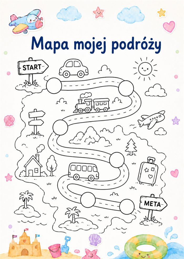 Wakacyjna karta pracy Mapa mojej podróży do druku